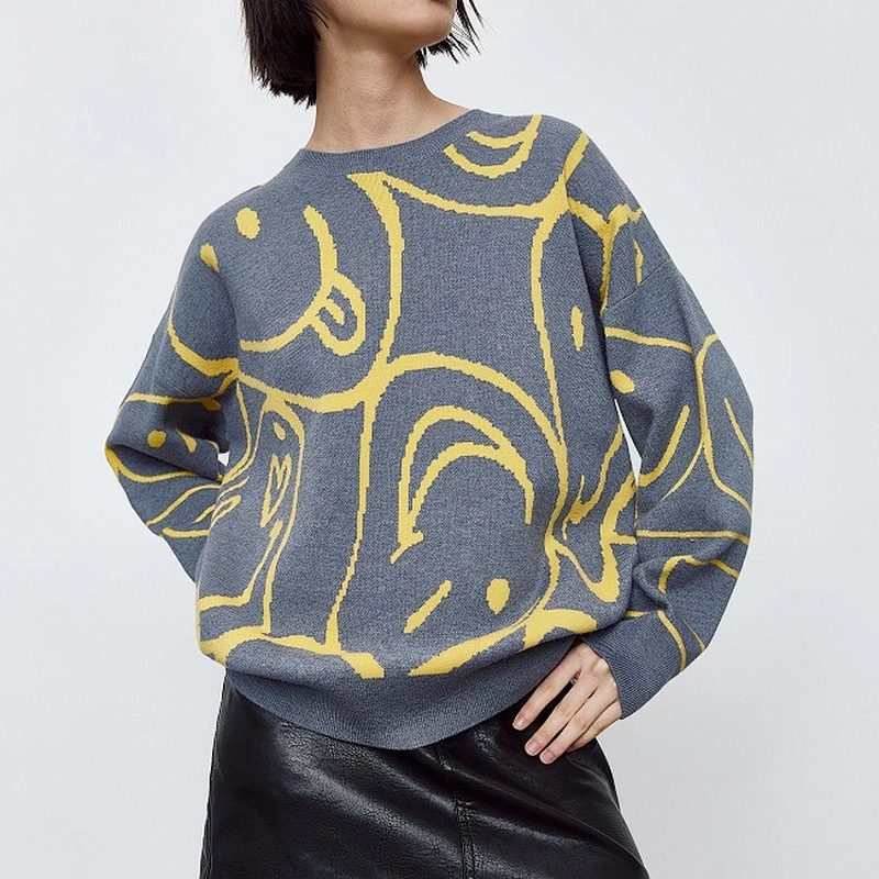 Ladies smile design jacquard sweater pullover