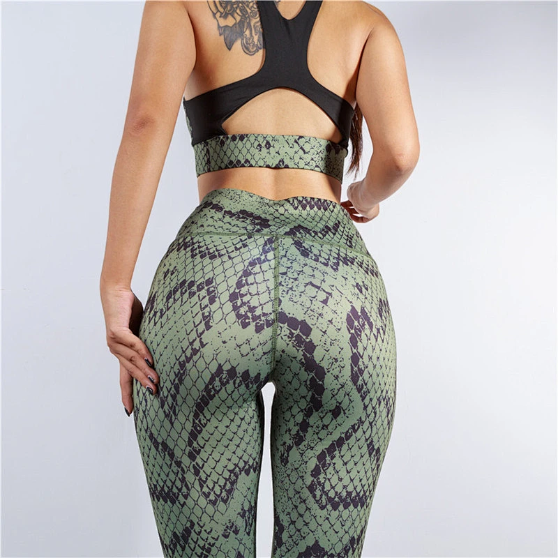 Ladies snake pattern printed two piece fitness gym suit, top+pants