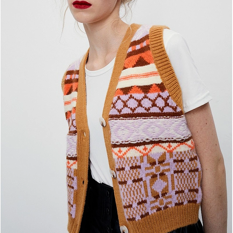 Ladies youth hairy colored jacquard sweater vest