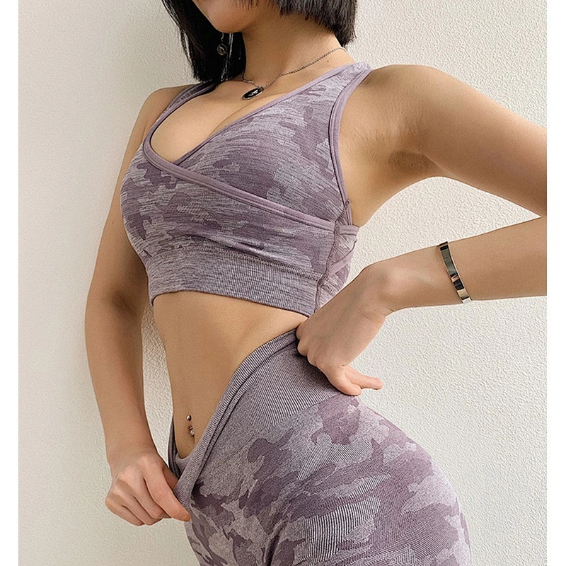 Ladies seamless two piece set sport gym suit, top vest bra+shape pants