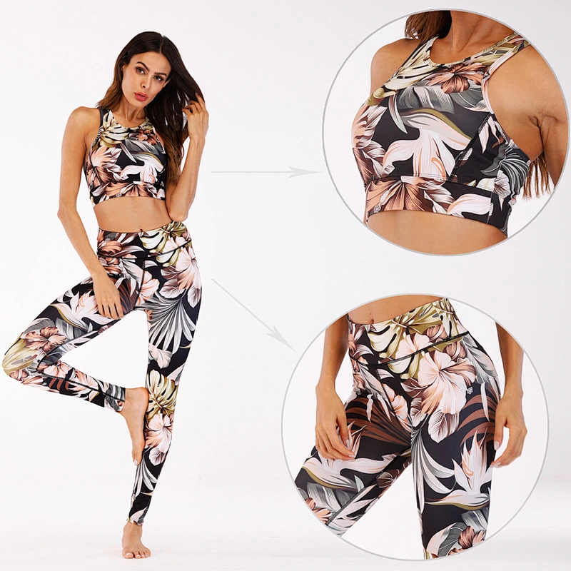 Ladies printed yoga two piece gym suit, pants+top