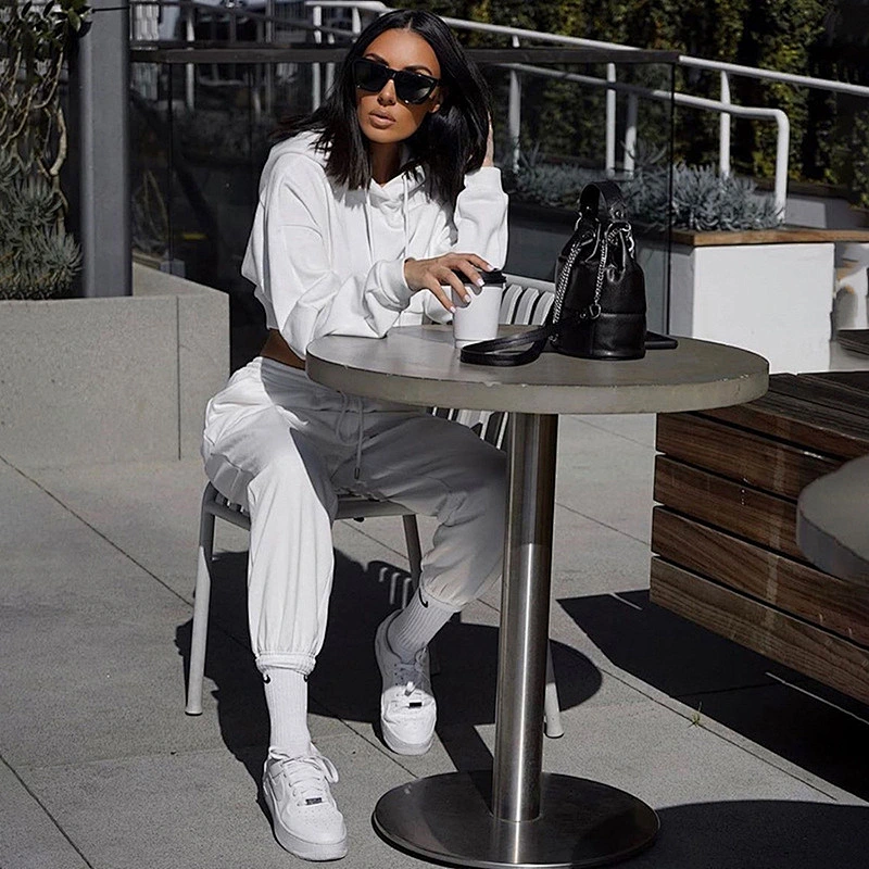 Ladies Hoodie Pullovers 2pcs Set Sport Crop top Pants