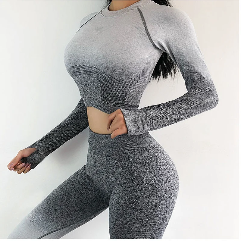 Ladies seamless long sleeve tops yoga gym set