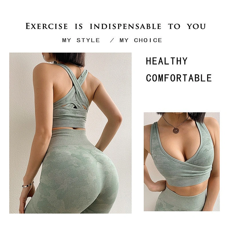 Ladies seamless two piece set sport gym suit, top vest bra+shape pants