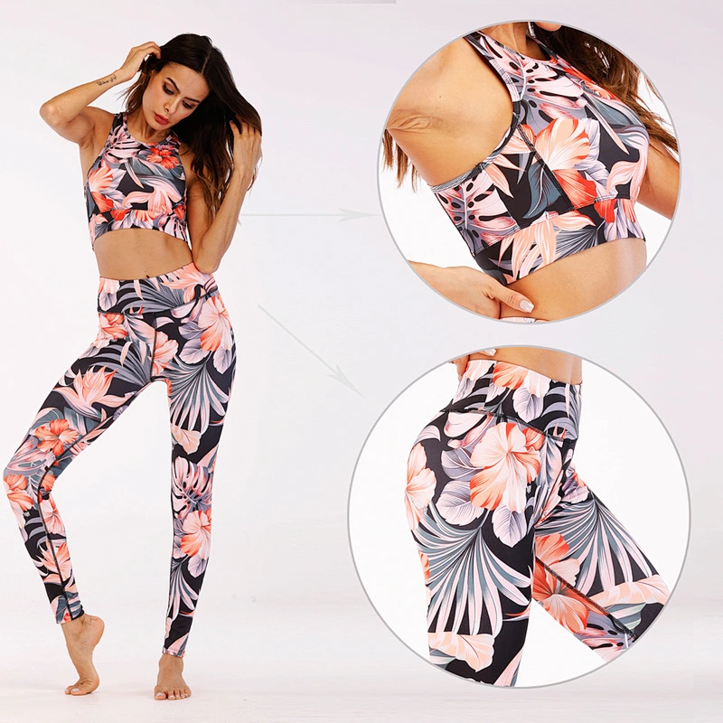 Ladies printed yoga two piece gym suit, pants+top
