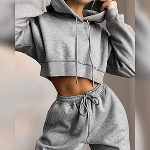 Ladies Hoodie Pullovers 2pcs Set Sport Crop top Pants