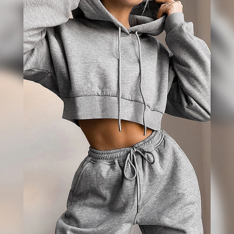 Ladies Hoodie Pullovers 2pcs Set Sport Crop top Pants