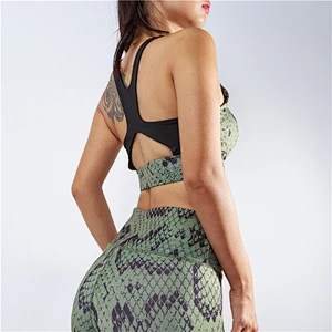 Ladies snake pattern printed two piece fitness gym suit, top+pants