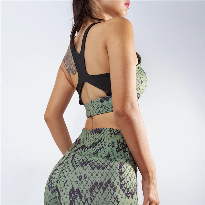 Ladies snake pattern printed two piece fitness gym suit, top+pants