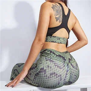 Ladies snake pattern printed two piece fitness gym suit, top+pants