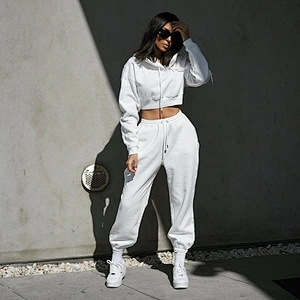 Ladies Hoodie Pullovers 2pcs Set Sport Crop top Pants