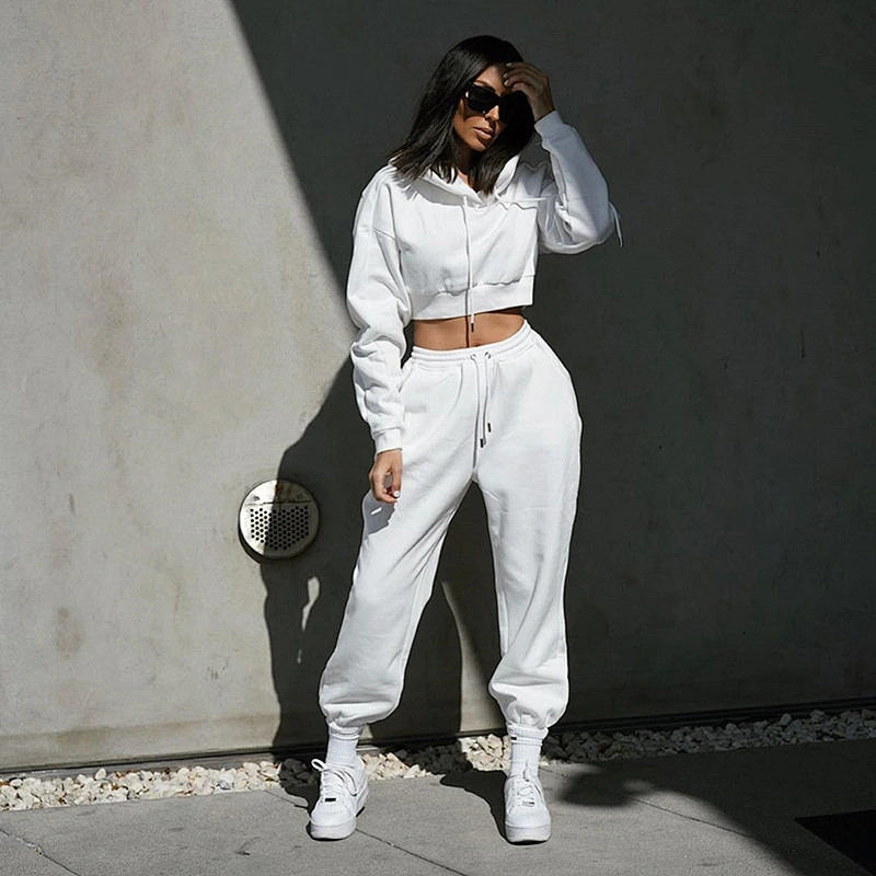 Ladies Hoodie Pullovers 2pcs Set Sport Crop top Pants