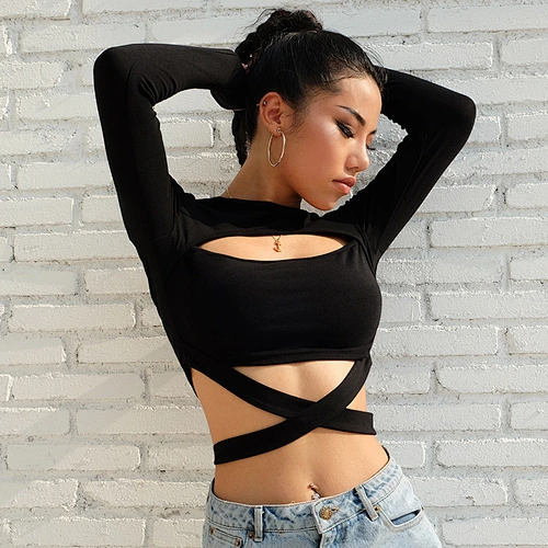 Ladies sexy Crop Tops Lady Long Sleeves T-shirt Pullovers