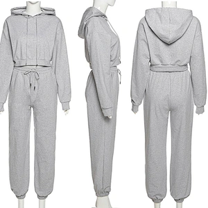 Ladies Hoodie Pullovers 2pcs Set Sport Crop top Pants