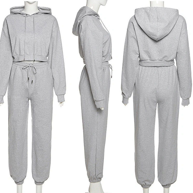 Ladies Hoodie Pullovers 2pcs Set Sport Crop top Pants