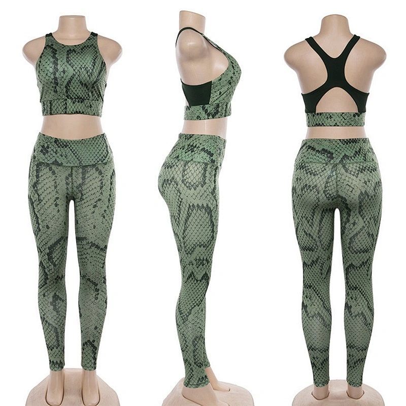 Ladies snake pattern printed two piece fitness gym suit, top+pants