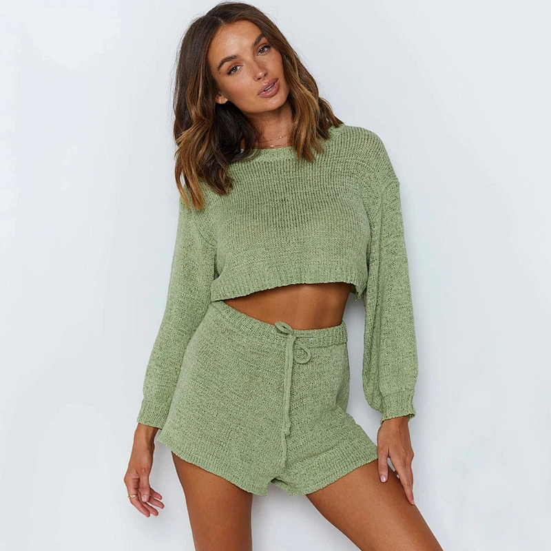 Ladies Fashion Knitted sweater set Loose Jumper+short pants