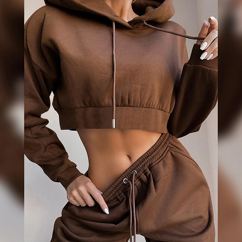 Ladies Hoodie Pullovers 2pcs Set Sport Crop top Pants