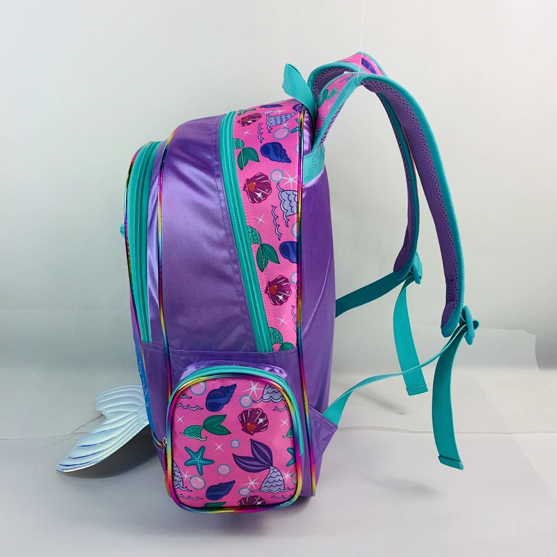 2020 Novelty  Holographic fabric school bags girls kids backpack with shinny leather tail pattern