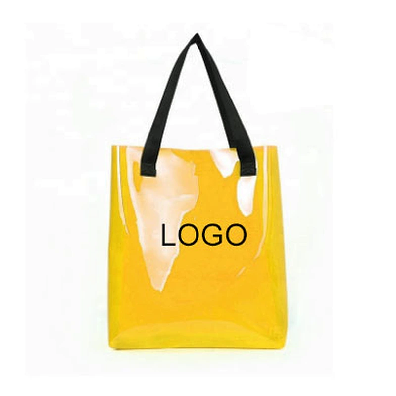 Fashion ladies shopping shoulder bag logo print Big pvc summer beach bag tote transparent with long handle