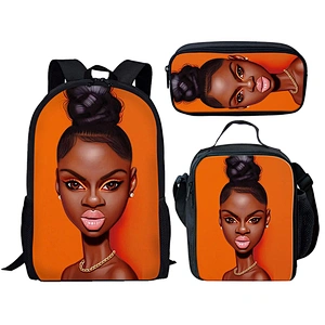 Low MOQ Custom Polyester Schoolbags African Black Girl Africa American Art Design Bag School Backpack School Bag Set