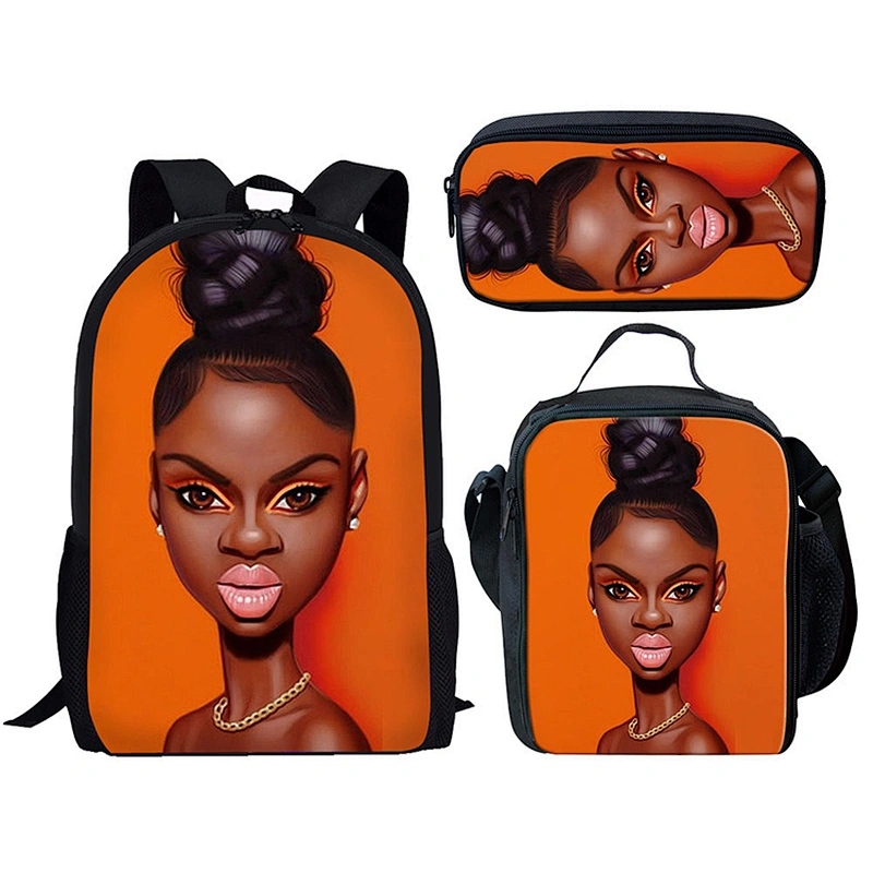 Low MOQ Custom Polyester Schoolbags African Black Girl Africa American Art Design Bag School Backpack School Bag Set