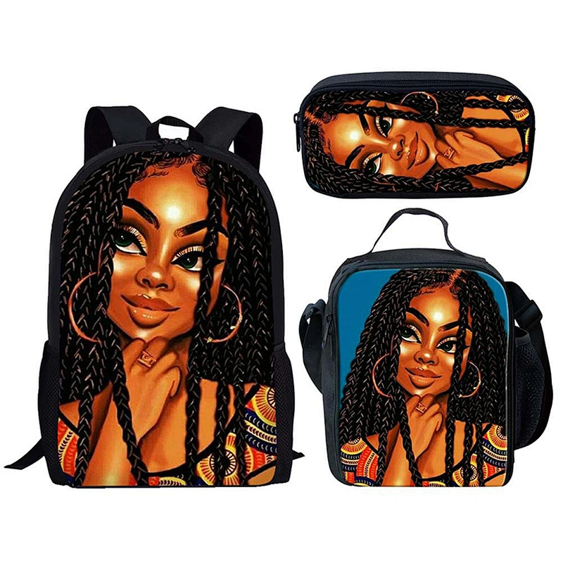 Low MOQ Custom Polyester Schoolbags African Black Girl Africa American Art Design Bag School Backpack School Bag Set