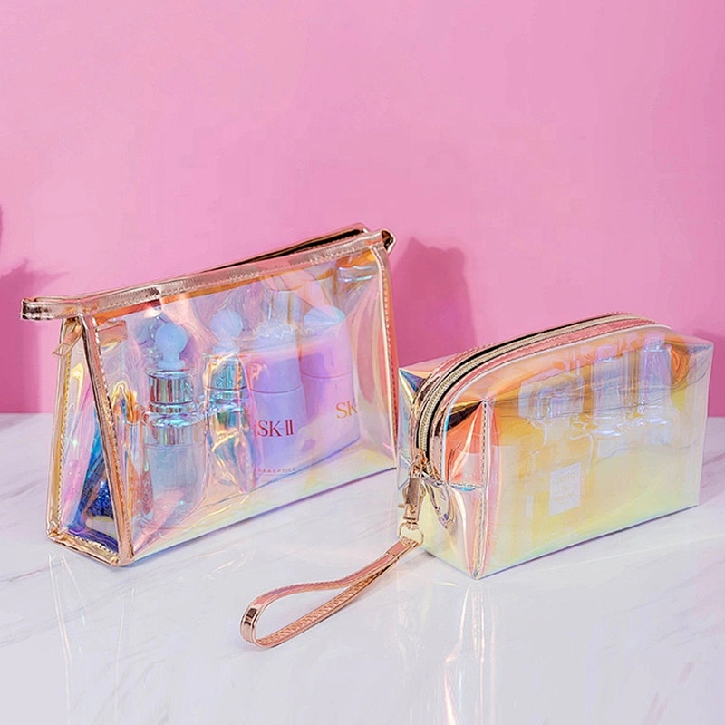 2020 Hot Selling New arrival custom logo hanging laser tpu travel toiletry bag Zipper bolsas y ojeras Makeup Bag pouch