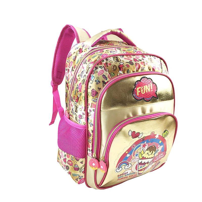 high quality 3 in 1 set student bag backpack golden backpack leather children school bags for girls kids with fantasy fabric