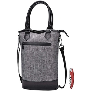 Insulated Single Bottle Wine Tote Carrier Travel Cooler Bag Purse Leather Handles