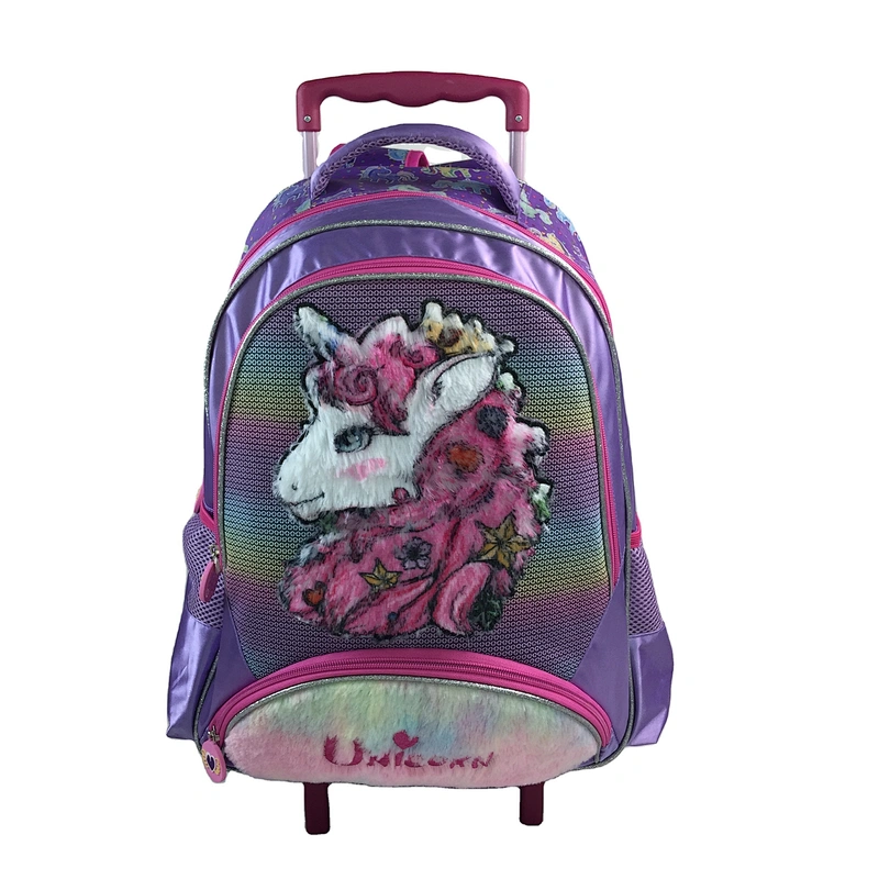 Wholesale large capacity Cartoon Plush Unircon Children school trolley bag backpack girls with wheels