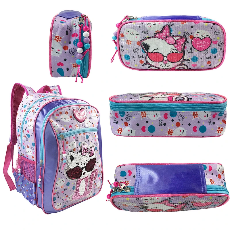 Fashionable primary student small custom logo shiny sequin kids 2 pieces set backpack girl school bags for girls