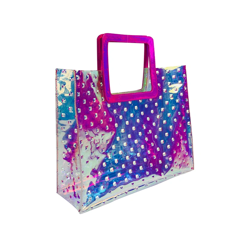 2020 candy holographic shoulder clear jelly fashion tote TPU PVC shopping bag beach bag transparent handbags with leather trim