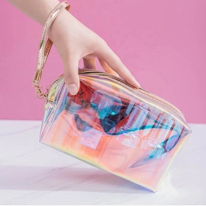 2020 Hot Selling New arrival custom logo hanging laser tpu travel toiletry bag Zipper bolsas y ojeras Makeup Bag pouch