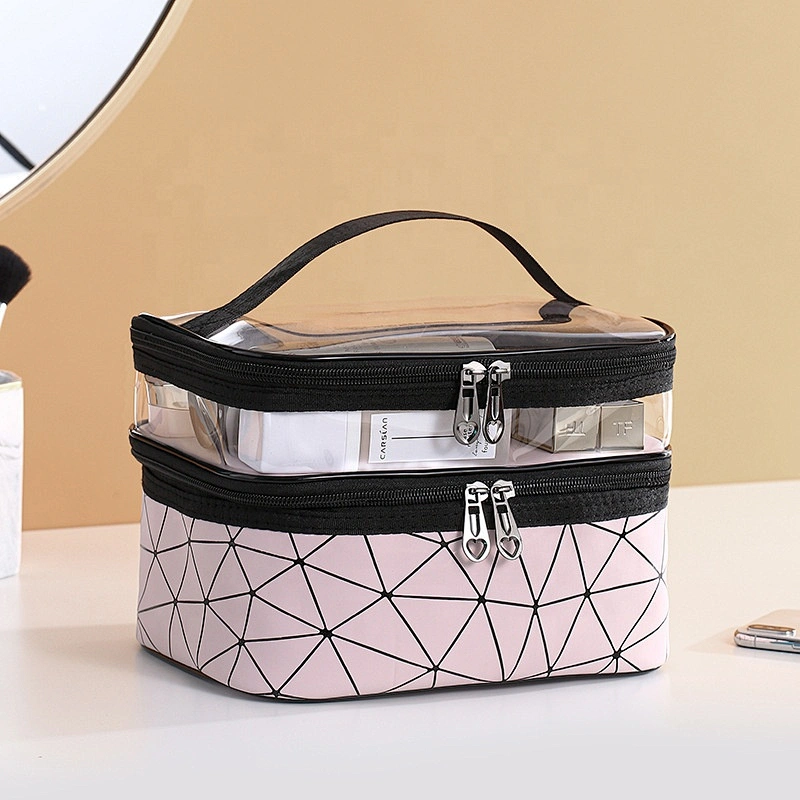 New design Waterproof Cosmetic Bags Double Layer Travel Makeup Pouch Brush Transparent Makeup Box Storage Makeup Bag