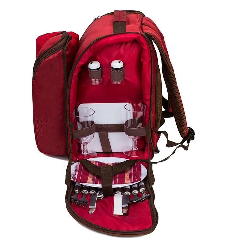 2 Person Red Picnic Backpack with Cooler Compartment Big Capacity Insulated Cooler Backpack Bottle Wine Bag for Lunch Picnic