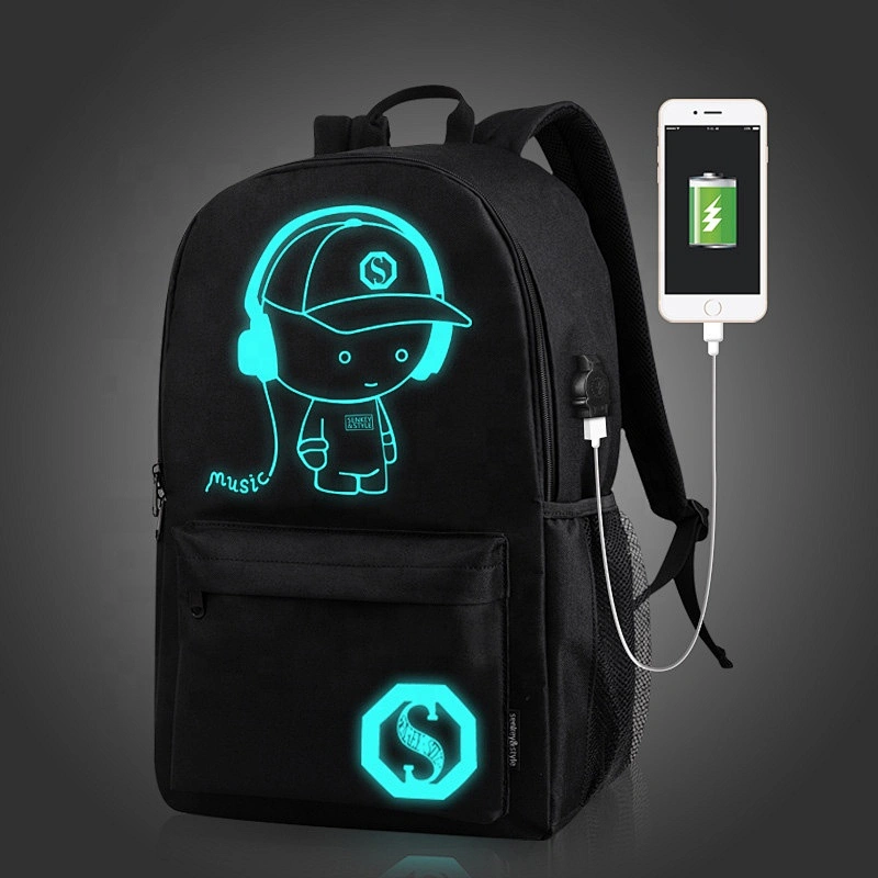 Fashion cartoon screen printing Night Luminous School Travel Backpack luminous bagpack school backpack with USB charging port
