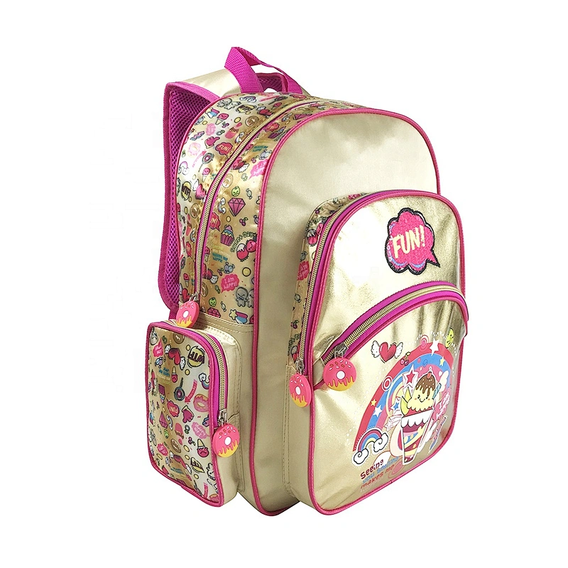 Durable custom high quality student bag backpack golden backpack leather children school bags for girls kids with fantasy fabric