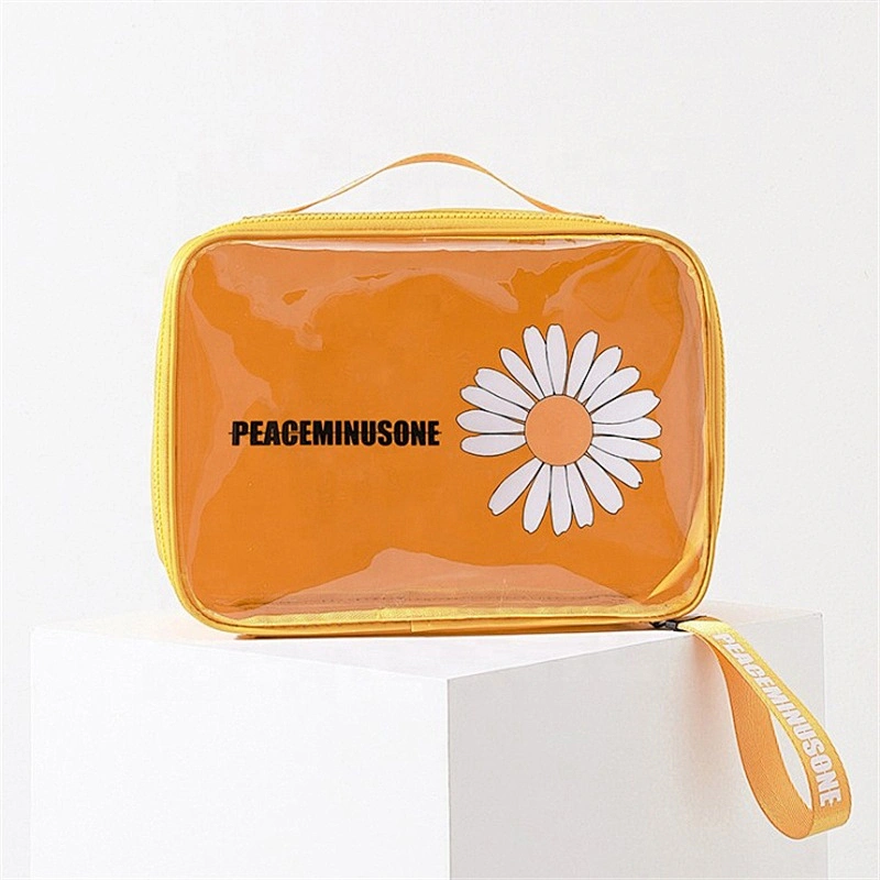 Low MOQ custom Logo clear transparent holographic makeup bag make up pouch pvc cosmetic bags for women