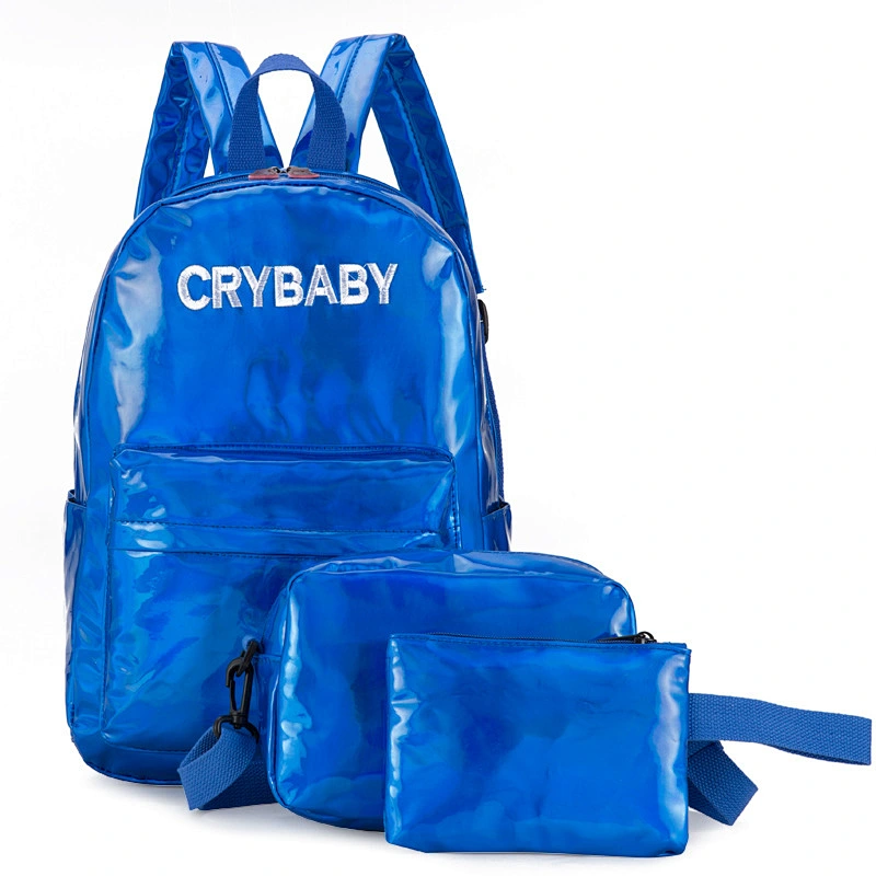 Girl's Sliver Holographic 3pcs Backpacks setLaser Leather Bags School Bookbag Travel Casual Daypacks