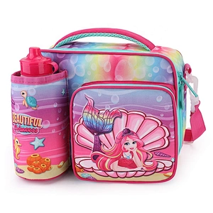 New design waterproof full printing glitter two layers U shape open top carry lunch bag for girls picnic cooler bags
