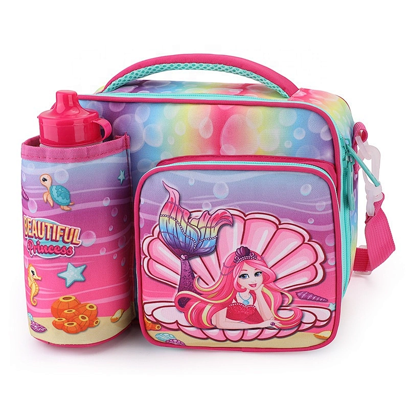New design waterproof full printing glitter two layers U shape open top carry lunch bag for girls picnic cooler bags