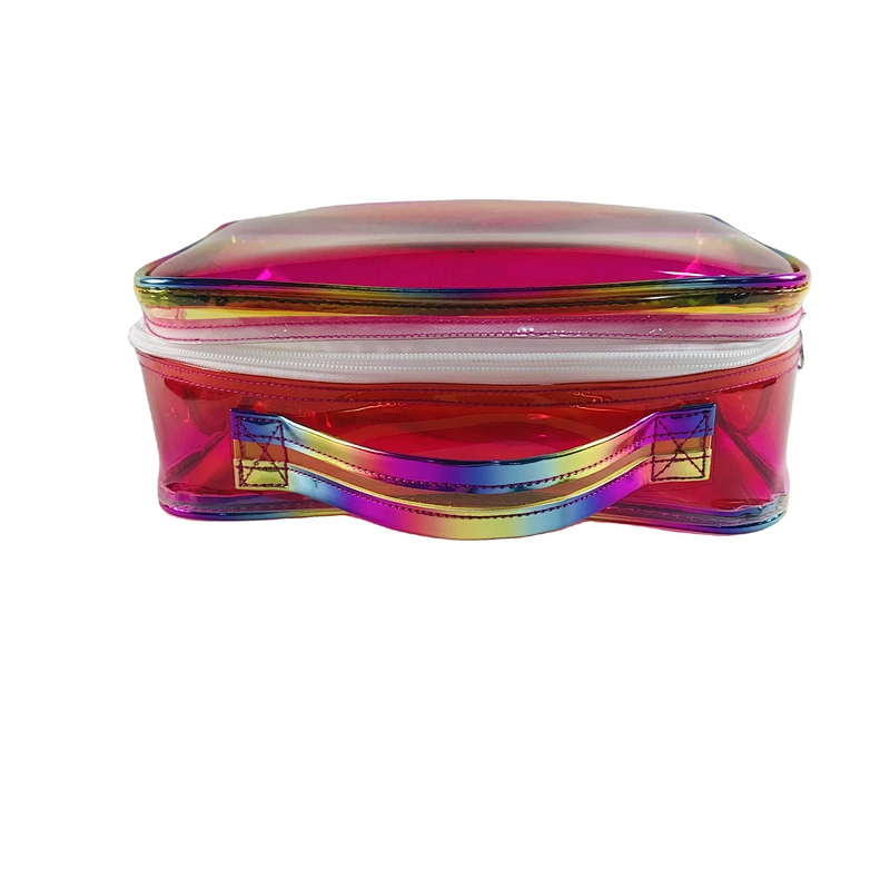 OEM/ODM Waterproof shiny rainbow pvc clear transparent Women Travel Makeup Organizer Cosmetic bag basket Case Bags with handles