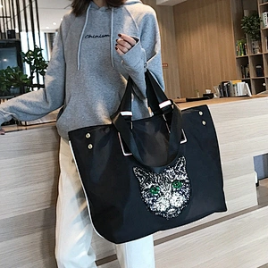 New Korean version of handbag with large capacity sequins cat fashion cartoon single shoulder bag shopping bag travel bag