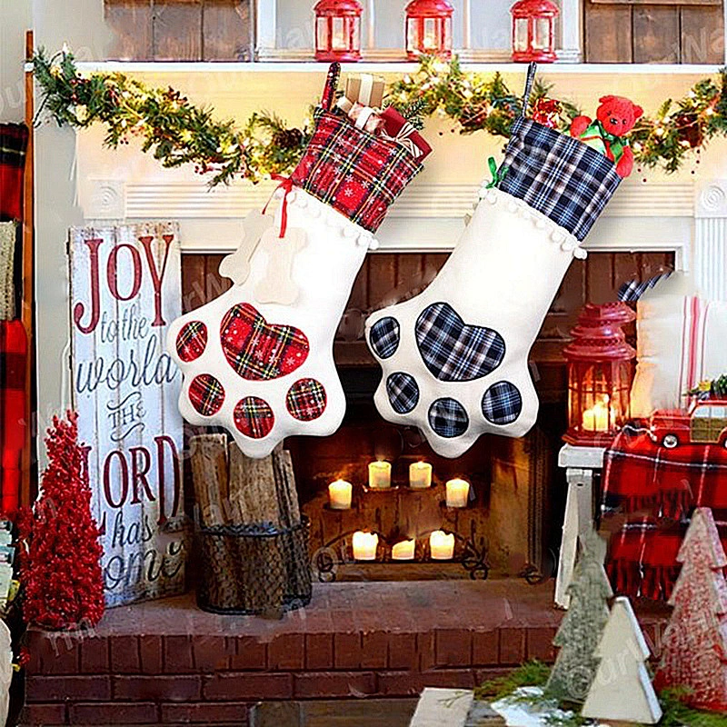 Fast delivery Cat Dog Pets Stockings Christmas Large Plaid Dogs Paw Hanging Christmas Decorations supplies Christmas Stocking