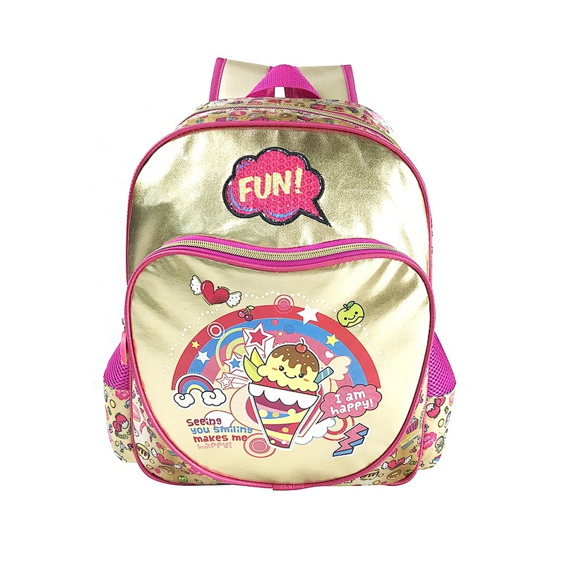 Popular factory high quality student backpack golden backpack leather children school bags for girls kids with fantasy fabric