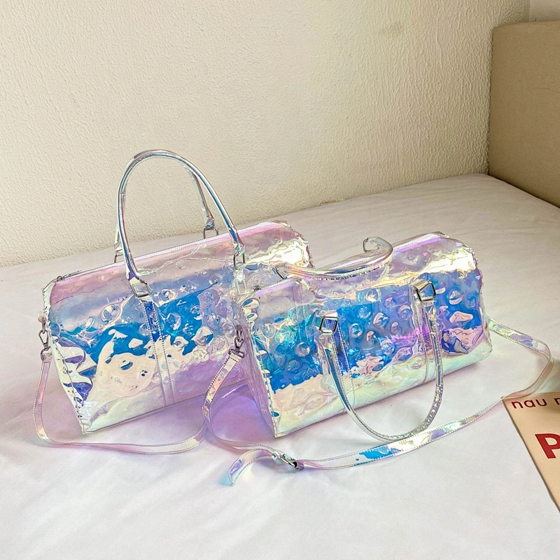 Custom Logo Travel Holographic Duffel Bag Waterproof Women Men Gym Bag transparent holographic jelly pvc travel duffel bag