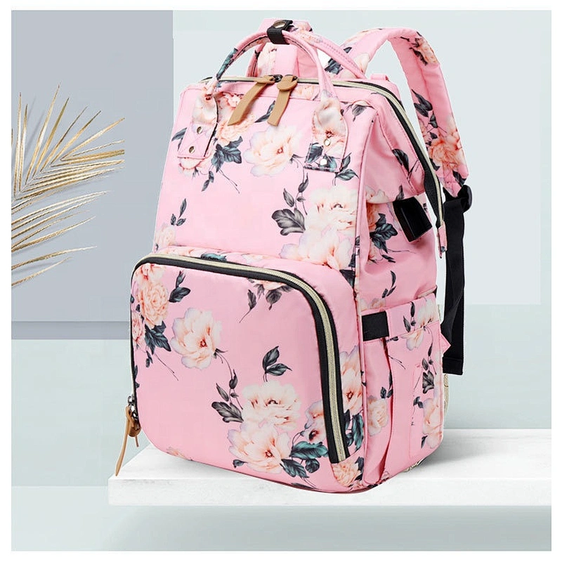 2020 Fashionable Floral Baby Mum bag Water Resistant Baby Maternity Nappy Bag Diaper Bag Backpack with USB charging port