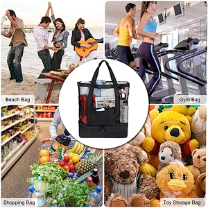 Large Mesh Beach Tote Bag with Detachable Beach Cooler Family Travel Tote for Beach Picnic Gym Pool