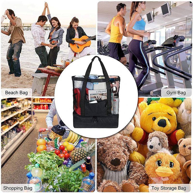 Large Mesh Beach Tote Bag with Detachable Beach Cooler Family Travel Tote for Beach Picnic Gym Pool